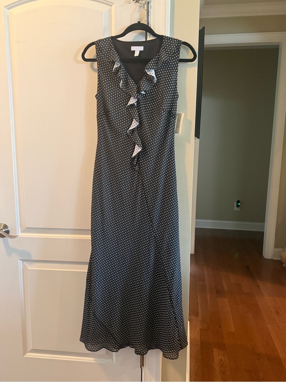 NWT Charter Club Petite 10P Black White Polka Dot Ruffle V-Neck Maxi Dress